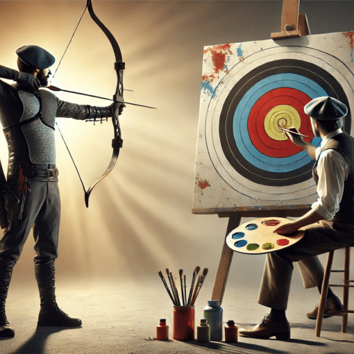 This surreal digital artwork depicts an archer and a painter collaborating in an unconventional way. The archer, dressed in a medieval-style outfit with a quiver of arrows, aims his bow at a target, while the painter, wearing vintage attire, sits on a stool and meticulously paints the bullseye on a canvas instead of it being hit by an actual arrow. The scene plays with the idea of precision and artistry, blending the worlds of archery and painting in a creative and thought-provoking manner
