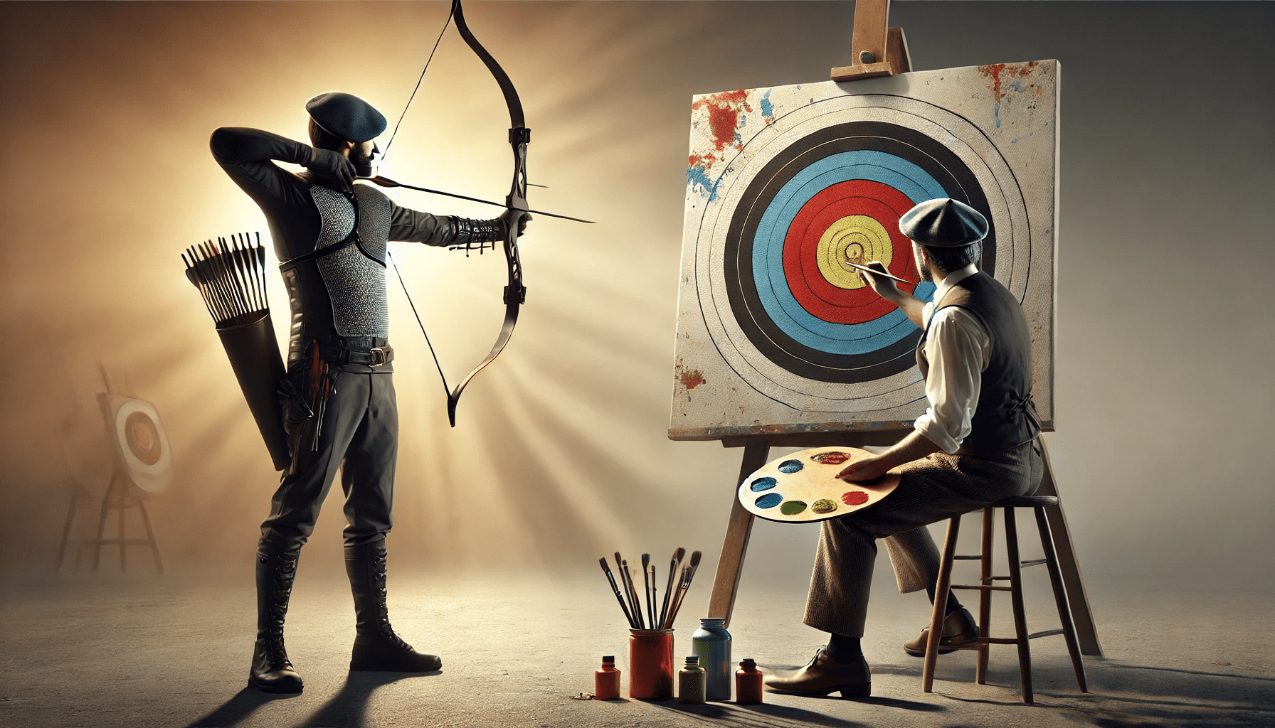 This surreal digital artwork depicts an archer and a painter collaborating in an unconventional way. The archer, dressed in a medieval-style outfit with a quiver of arrows, aims his bow at a target, while the painter, wearing vintage attire, sits on a stool and meticulously paints the bullseye on a canvas instead of it being hit by an actual arrow. The scene plays with the idea of precision and artistry, blending the worlds of archery and painting in a creative and thought-provoking manner